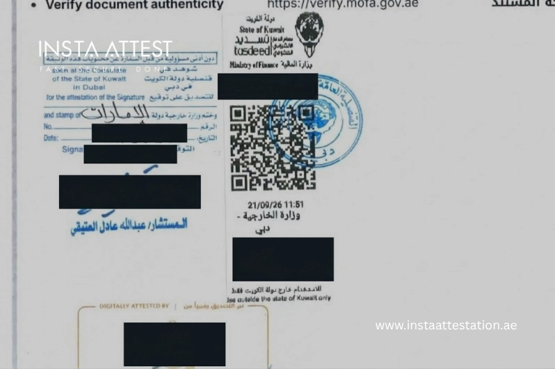 تصديق قنصلية الكويت في دبي: ختم القنصلية العامة لدولة الكويت على مستند إماراتي مصدّق من وزارة الخارجية الإماراتية