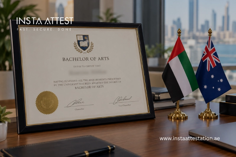 تصديق الشهادات الأسترالية للإمارات: دليلكم الشامل 3 شهادة جامعية أسترالية (بكالوريوس آداب) مؤطرة إلى جانب علمي الإمارات وأستراليا بخلفية أفق دبي
