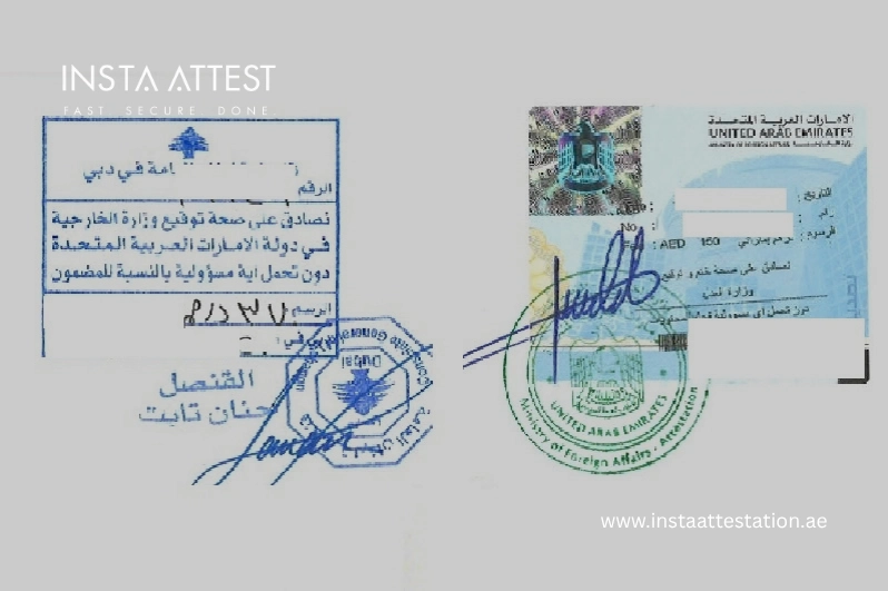 Lebanese Consulate Dubai stamp certifying the UAE MOFA signature next to the UAE MOFA attestation sticker on a power of attorney