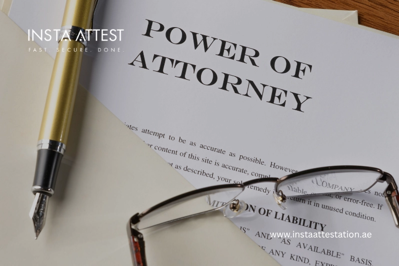 Power of attorney attestation Indian embassy Sharjah: power of attorney document with a pen and glasses