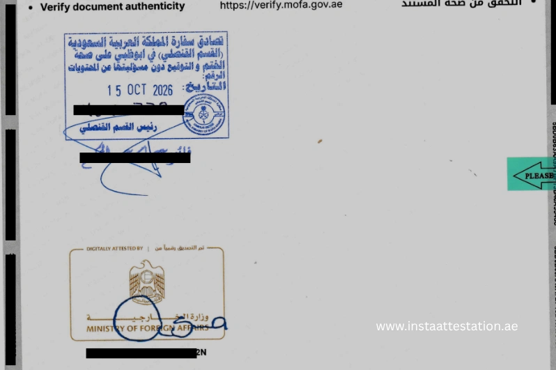 ختم السفارة السعودية في أبوظبي على مستند إماراتي مصدّق من وزارة الخارجية، لتصديق مستندات إمارة أبوظبي